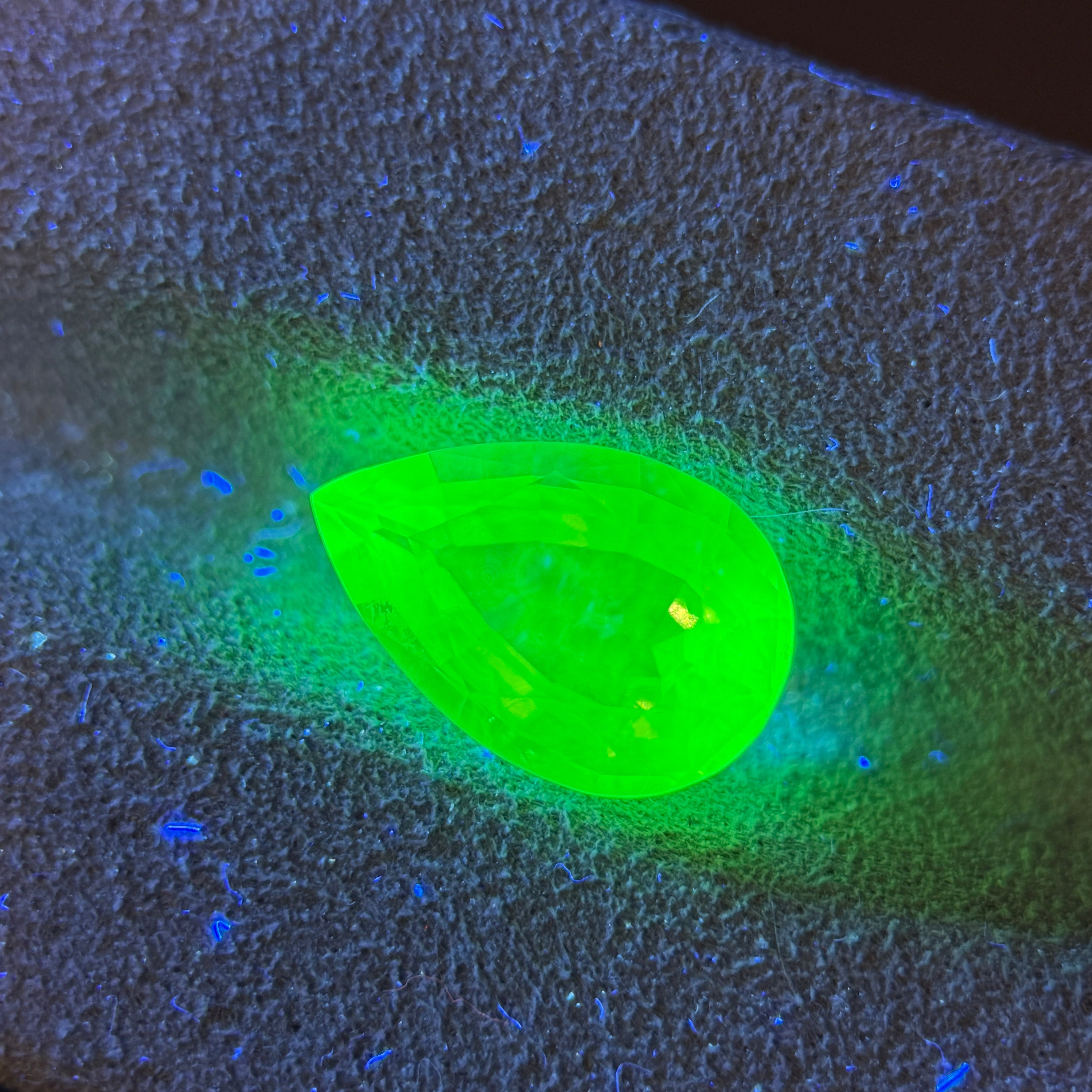 墨西哥蛋白石 (Hyalite) – 2.94 克拉梨形切割 (8.5 x 13.0 mm) – 強烈綠色紫外線螢光