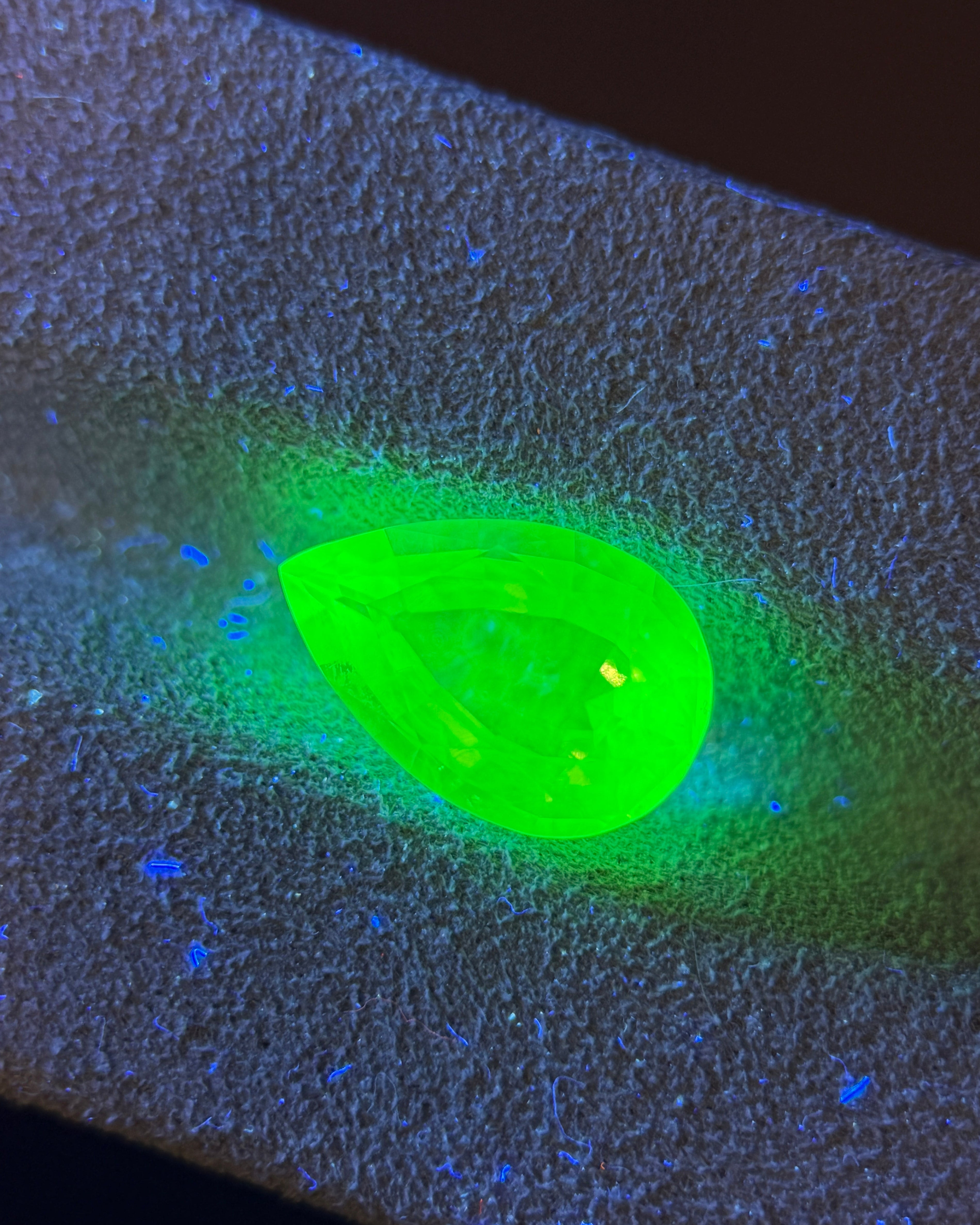 墨西哥蛋白石 (Hyalite) – 2.94 克拉梨形切割 (8.5 x 13.0 mm) – 強烈綠色紫外線螢光