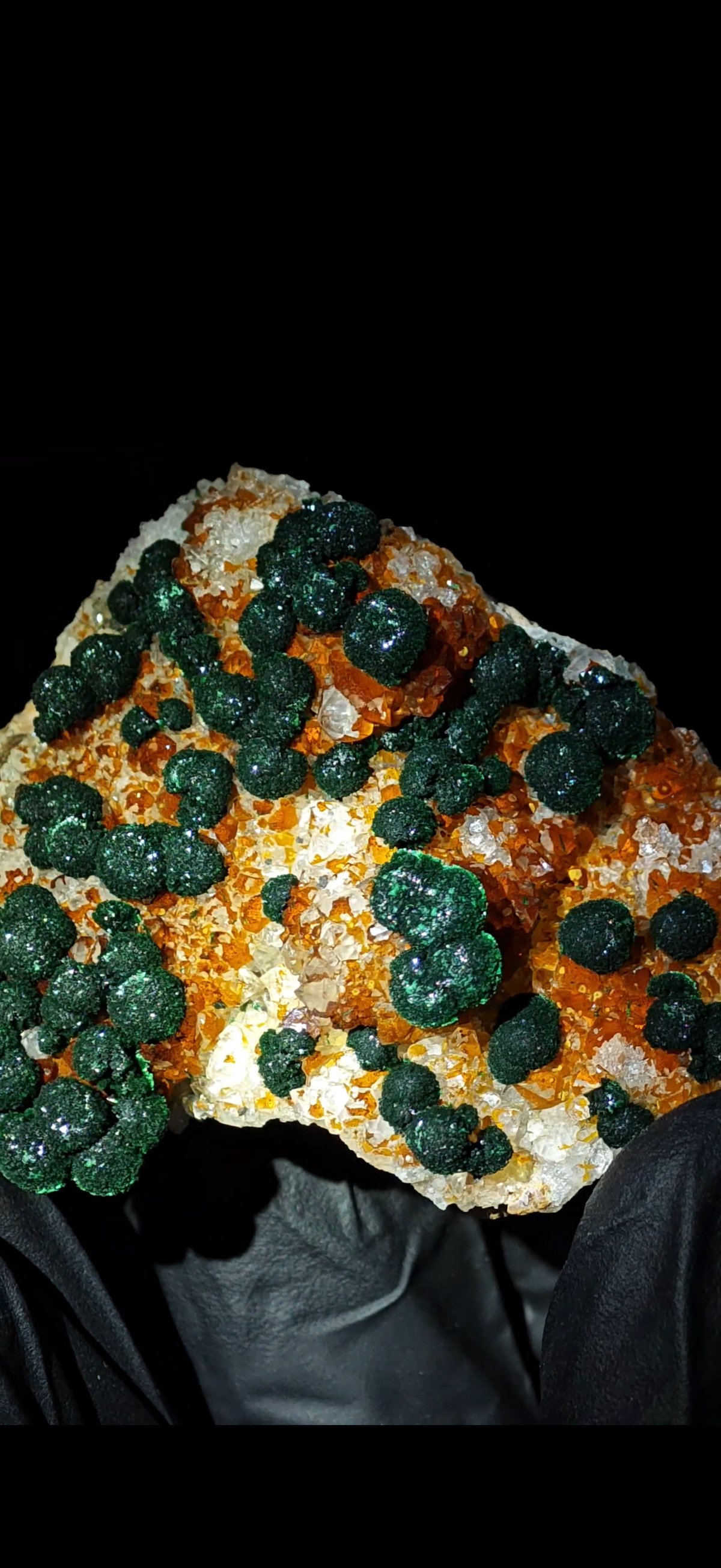 Natural Botryoidal Malachite on Caramel Quartz Cluster Specimen