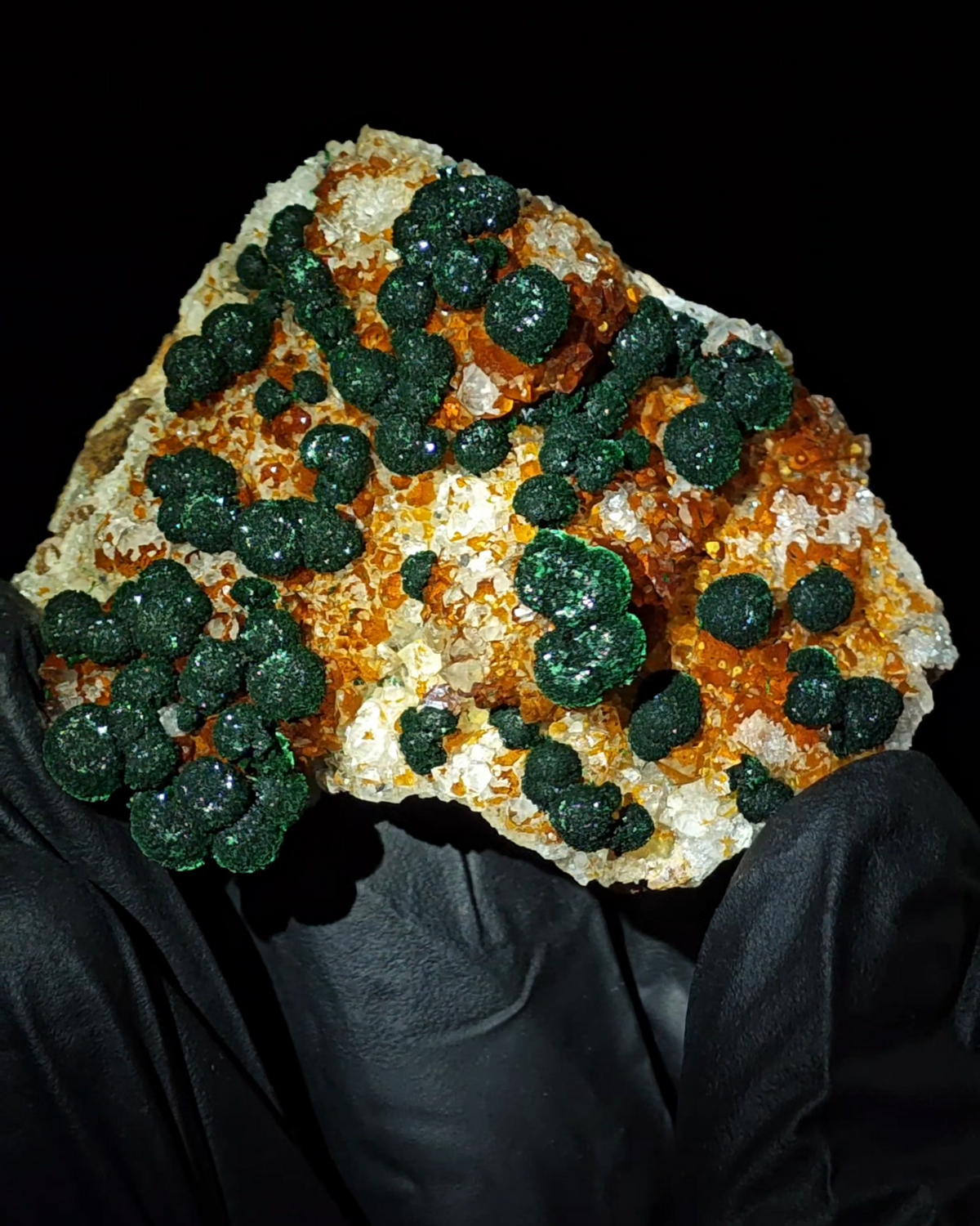 Natural Botryoidal Malachite on Caramel Quartz Cluster Specimen